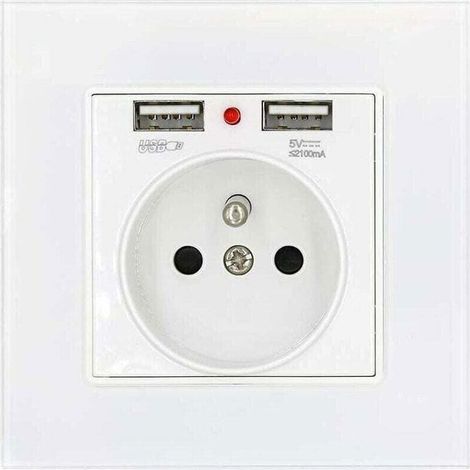 Enchufe de pared de cristal con puertos USB - Indicador luminoso de encendido - Dos puertos USB, 2,1 A - 16 A 250 V - Blanco - Material ABS ignífugo (1/4)