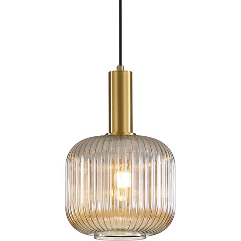 Suspension luminaire en verre ambré, finition laiton doré, lustre vintage suspendu intérieur, lampe suspendue pour salle à manger, cuisine, salon, chambre (20 cm)