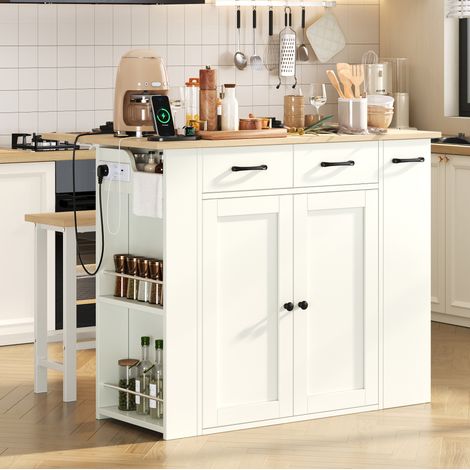 Kücheninsel mit Steckdosen, Klappplatte und 2 Hockern OKMYHOME (1/5)