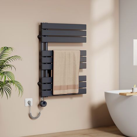 EMKE Elektrischer Handtuchheizkörper 76x60cm 400W Badheizkörper Handtuchtrockner mit Heizstab Sprachsteuerung Alexa/Google, 4 Modi, Fenstererkennung & Wochenprogramm Flachrohr Anthrazit