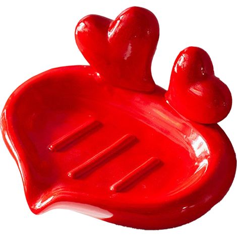 Herzförmige rote Keramik-Seifenschale mit Abtropfschale, kreativer Seifenhalter für das Waschbecken ohne Bohren (1/5)