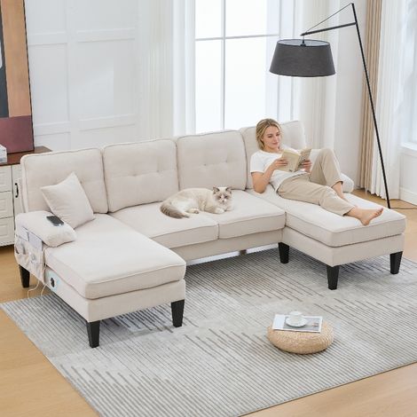 Großes U-förmiges Sofa 4-Sitzer mit zwei Chaise-Lounges, Wohnlandschaft mit USB-Anschluss & Seitentaschen, Leinenstoff, 250x130x88cm, Beige (1/5)