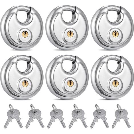 Serrure À Cadenas Rond - Acier Inoxydable AISI 304 - 70 mm - Résistant À La Rouille Et Aux Coupes - Pour Portes Portails Extérieurs - Lot De 6