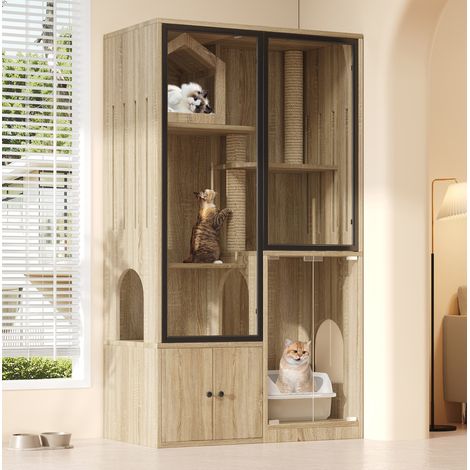 Casetta per gatti a 4 livelli con porta in vetro temperato, 90x50x160 cm DESVIAE (1/5)