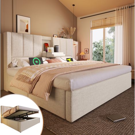 Lit coffre en tissu lin beige 160x200 cm avec recharge USB/USB-C, porte-gobelets cachés et sommier inclus (1/5)