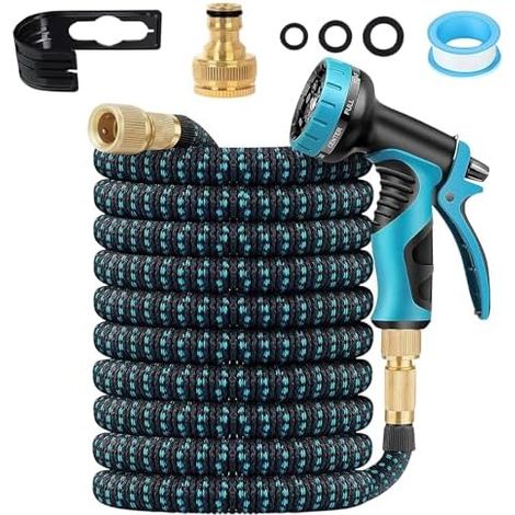 Tuyau d'arrosage extensible, 15 m/50 pi, buse de pulvérisation à 10 modes, adaptateur pour robinet de cuisine 3/4 po et 1/2 po, latex triple épaisseur durable avec raccords métalliques et sac (75 pi)