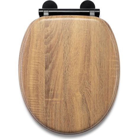 Croydex Soft Close Teak Effect Toilet Seat with Black Hinges, Flexi-Fix- Ontario