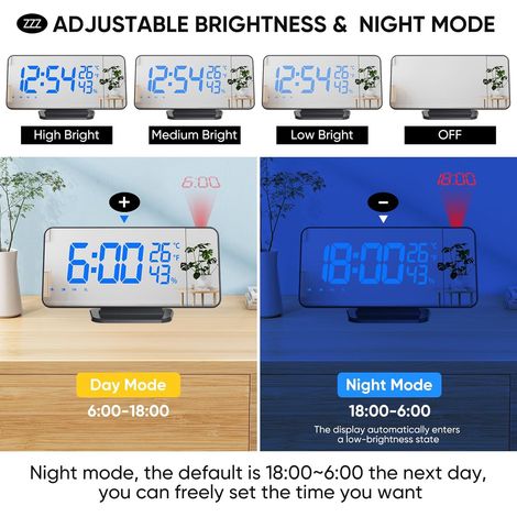 Sveglia con proiettore da soffitto a 180° Sveglia con proiettore da soffitto con FM 2 allarmi Snooze Ricarica USB Sveglia digitale Schermo a specchio a LED 4 livelli di luminosità 12/24 ore Regali di 