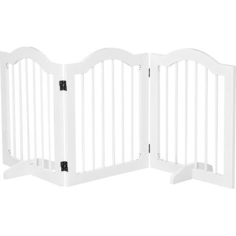 Barrera para perros Puerta protectora Puerta para perros Puerta de configuración de 3 piezas con dos pies de apoyo estable plegable MDF blanco 154,5x29,5x61 cm