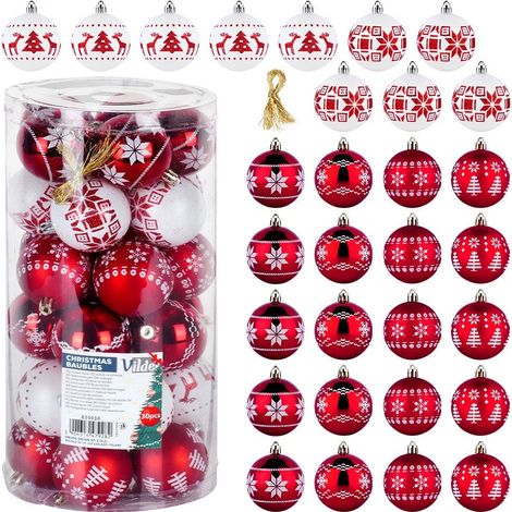 Boules de noel incassables rouge blanc 6 cm 30 pcs