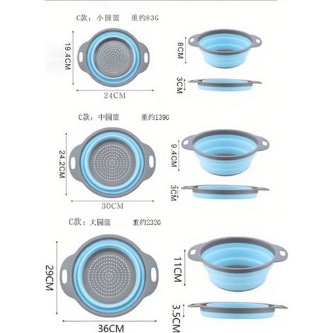 Juego de 3 coladores de silicona plegables FlexiSieve para un almacenamiento eficiente de frutas y verduras o como bandeja de goteo para la fruta. (1/5)
