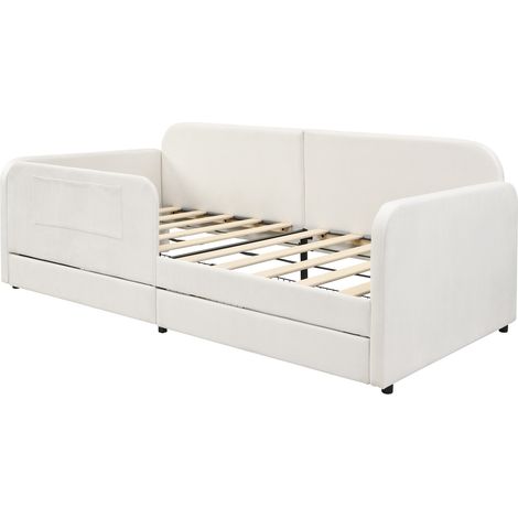 Lit enfant capitonné 90x200 cm avec tiroirs, velours blanc, structure métal MODENUIT (1/5)