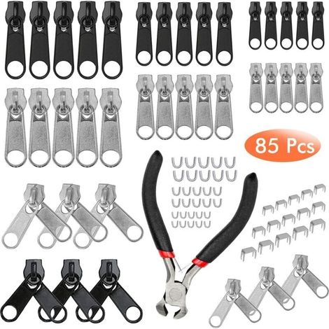 Kit Remplacement Fermeture Eclair - 85 Pièces Curseurs et Glissières Zinc - 3 Tailles 7x9 mm 10x12 mm 11x14 mm - Pour Vêtements Sac Tente Bagages - 1 Lot