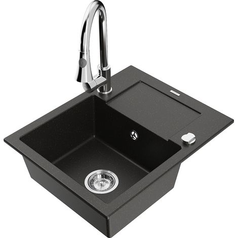 Mexen Enzo 1 Becken-Granitspüle mit Abtropffläche und Mischbatterie Elia, Schwarz/Gold metallisch - (1/5)