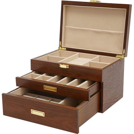 Grande boîte à bijoux rétro à 3 niveaux, Boîte de rangement pour bijoux, pour bagues, boucles d'oreilles, bracelets et colliers (marron)