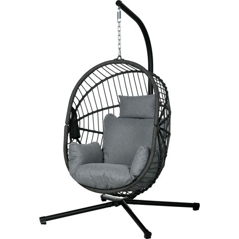 Hängesessel Hängeschaukel mit Kissen und Becherhalter, klappbarer Sitzkorb in Rattanoptik bis 120 kg belastbar aus Stahl Grau