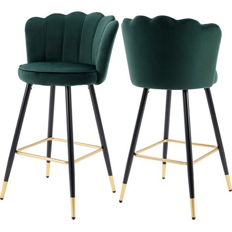 Bar Stools 2Pcs in Velvet Modern Breakfast Counter Chairs with Petal Backrest High Stools for Kitchen Home Bar Pub, Green, Wahson (1/5)