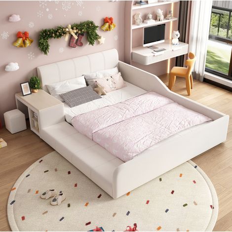Cama infantil tapizada 140x200 cm blanca de terciopelo con escritorio, taburete y estante (1/5)