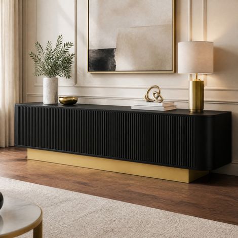 TV-Lowboard 170 cm mit 3 Türen, Kabelmanagement und verstellbaren Einlegeböden, Schwarz (1/5)