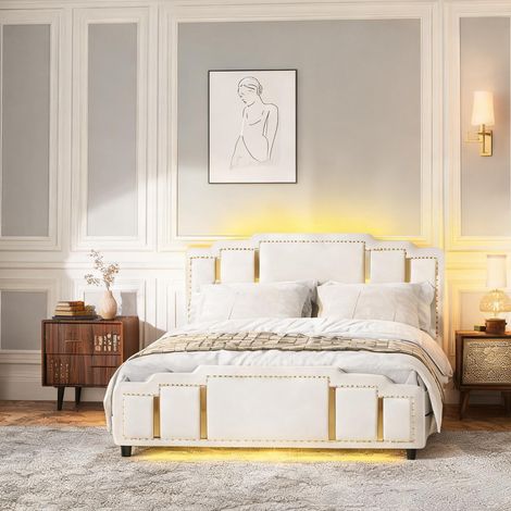 Cadre de lit beige en velours 211,5 x 144,5 x 106,5 cm (1/5)