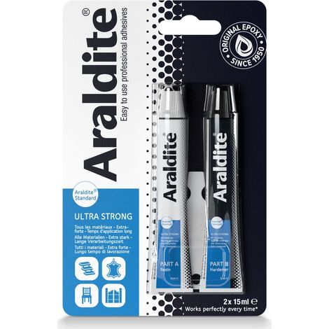 Colle époxy 2x15ml – Résistance à l'humidité et aux températures extrêmes – Pour porcelaine, pierre, bois, métaux et plastiques – Araldite