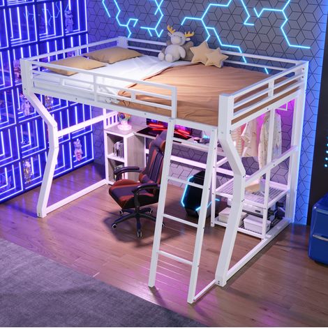 Cama alta juvenil con escritorio y luz blanca OKMYHOME (1/5)