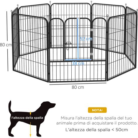 Parc modulaire à 8 panneaux pour chiens de taille moyenne, 80 x 1,5 x 80 cm, pliable, avec porte en acier et 8 crochets, noir. (1/5)