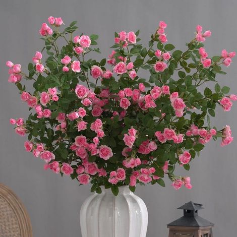 Roses Artificielles - Vase Avec 18 Fleurs En Soie - Décoration De Table Pour Salle À Manger Et Salon - Style Nordique - Rose Foncée (1/3)
