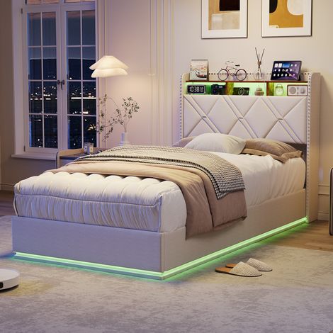 Lit coffre simple 90x200cm, lit 90x200 avec sommier, tête de lit capitonné avec rangement ouverte, éclairage LED, chargement USB, design rivets, Lin Beige (1/5)