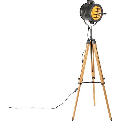 [GEBRAUCHT] B-Ware Tripod Floor Lamp Black with Wood Studio Spot - Radient (1/2)