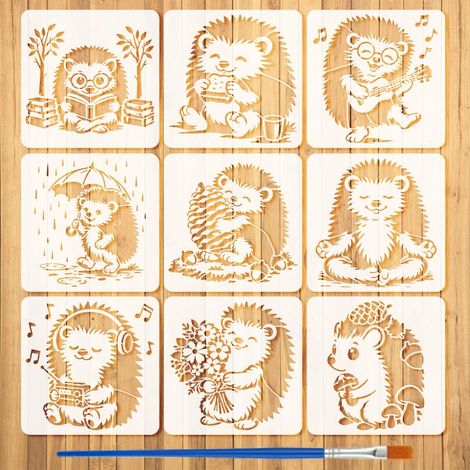 9 Pièces Pochoirs de Hérissons avec Pinceau 15x15cm Pochoirs de Motif de Hérisson Cartoon Gabarit en Plastique de Thèmes Animaux pour Peinture sur Bois Mur Meuble DIY Décoration Maison (1/5)