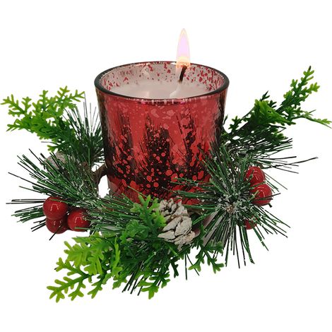 Kreativer Weihnachtskerzenhalter aus Glasbruch, verziert mit Sternenhimmel, Kiefernnadeln, Seetang und Kiefernzapfen (roter Glaskerzenhalter). (1/2)
