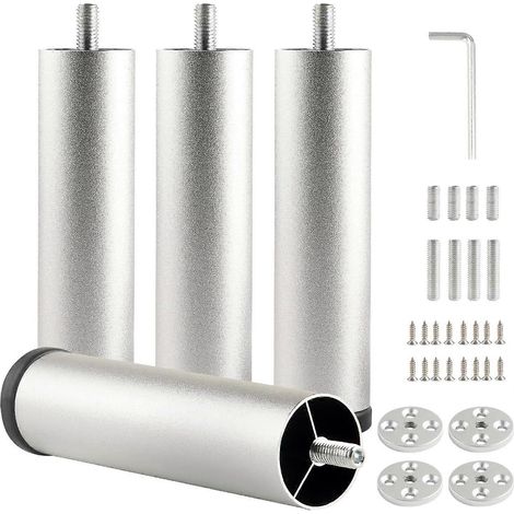 Pièces de rechange pour pieds de support de lit, pieds de canapé argentés de 6 pouces, rehausseurs de meubles réglables, vis pour pieds de table (M8) et pieds cylindriques en métal pour table basse. (1/5)