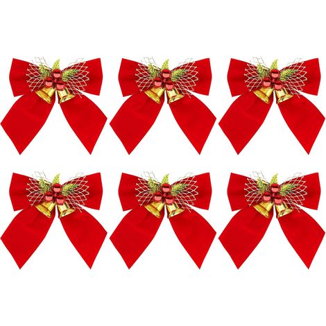 6-teiliges Set Weihnachtsschleifen, Christbaumschleifen mit Glöckchen, Weihnachtsschmuck