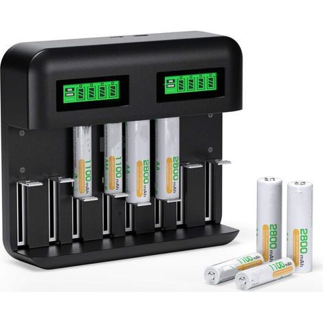 Chargeur de Piles Universel LCD, Chargeur de Piles Rechargeables pour AA/HR6, AAA/HR3, C/HR14, D/HR20 Ni-MH NiCD avec Entrée Type C/Micro USB (1/4)