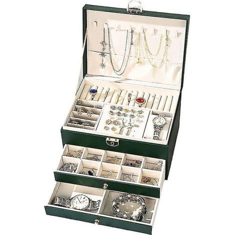 Three-tier jewelry box – Double drawer storage – PU material – Size 23x17x13.5cm for necklaces and rings (1/5)