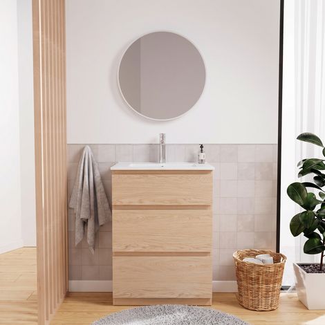 Mob-In – Meuble sous vasque SORRENTO 60 cm – MDF décor chêne – 3 tiroirs avec fermeture douce – Plan vasque céramique avec trop-plein