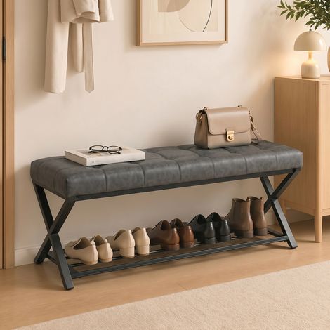 Banc à chaussures, banc d'entrée revêtu de similicuir, capacité de charge jusqu'à 220 kg, idéal pour un couloir ou une entrée, dimensions : 112 x 37 x 47 cm, gris foncé (1/4)