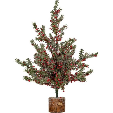 Large Frosted Winter Berry Tree On Wooden Block - Plastic - H52 cm - Green