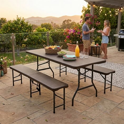 Table de Pique-Nique Pliable 180x74x43cm avec 2 Bancs - Set de Camping 3 Pièces HDPE - Motif Arbre Résistant UV & Eau - Marron (1/5)