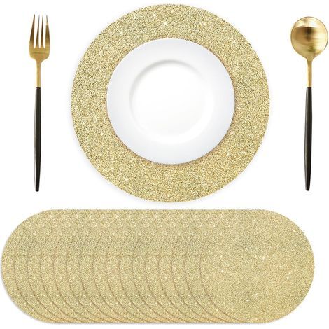 Lot de 50 Sets de Table en Papier Ronds Pailleté Doré Sets de Table jetables Ronds doré Clair, 35 cm, Décoratifs pour Fête, Vacances, Mariage, Anniversaire (1/5)