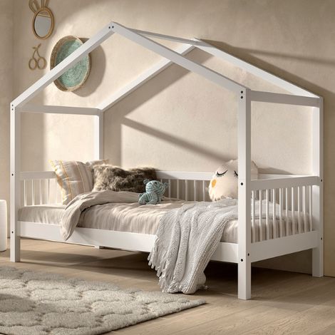 Lit maison Forrest 90x200cm - bois d&039hêtre massif - blanc