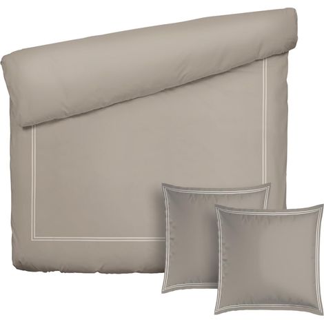 Parure de lit 3 pièces - Housse de Couette 240x220 + 2 taies 63x63 - Satin de Coton TC200 - Fermeture éclair - Silhouette - Blanc/Taupe (1/5)