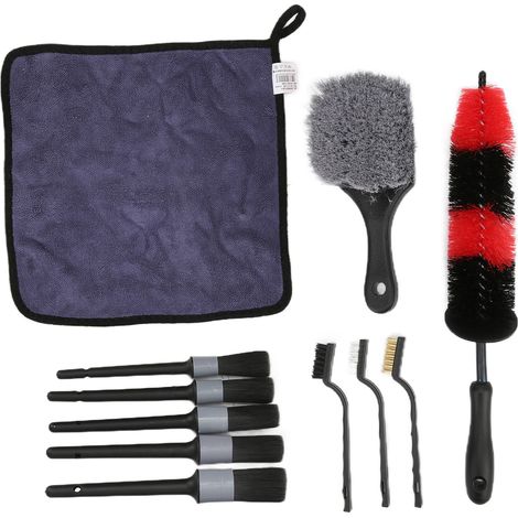 Kit de nettoyage de voiture comprenant 11 brosses, outils de nettoyage de pneus et serviettes pour l'intérieur et l'extérieur du tableau de bord, des sièges et des vitres. (1/5)