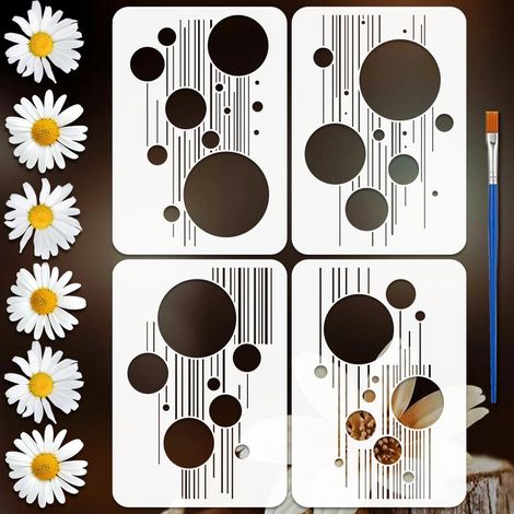 4PCS Pochoir Peinture Entrelacs de Cercles et Lignes Géométriques avec Pinceau 21x29.7cm Modèle Dessin Motif Lignes Rondes Pochoir Plastique Thème Géométrie pour Peinture sur Bois (1/5)