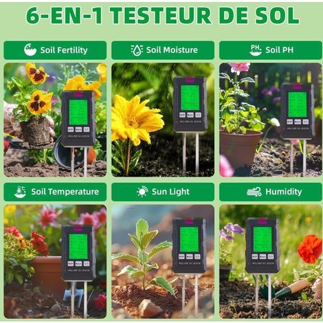Misuratore di umidità per piante, igrometro 6 in 1 con indicazione di fertilità del suolo, umidità, pH, temperatura, luce solare e umidità ambientale. Misuratore di umidità del suolo per giardinaggio, (1/4)