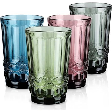 Set Drinking Glasses, ml Juice Soda Glasses, Vintage Embossed Water Glasses, Table Glass for Whiskey, Cocktail, Tea, Orange, Dishwasher Safe (Blue, Grey, Green, Purple) (1/5)