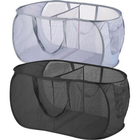 Paniers à linge pliables, 2 pièces, maille respirante, noir + gris, 58x36x36 cm. (1/5)