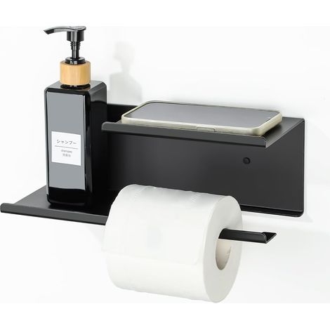 Dérouleur Porte Papier Toilette avec Étagères Spacieuse, Support Porte Papier Toilette Mural avec Tablette sans Perçage en Haute Qualité Aluminium, Montage par Vis/Auto-adhésif, Noir Mat (1/5)