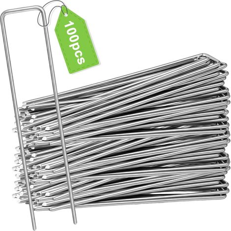 Lot de 100 piquets d'ancrage stables en forme de U (150 x 30 mm, Ø 3,0 mm), en toile anti-mauvaises herbes pour jardin, bordures de pelouse, parterres de légumes et fixation de tuyaux (15 cm) (1/5)